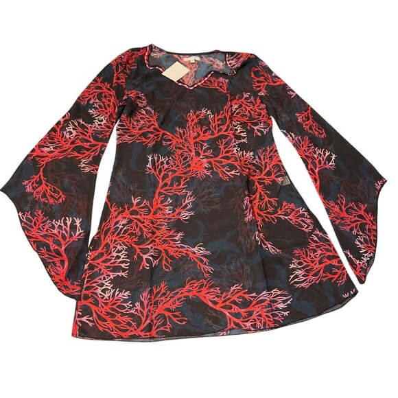 MODAPOSA Coral Print Beaded V-Neck Sheer Tunic  Beach Cover-Up flared sleeves - Picture 8 of 9